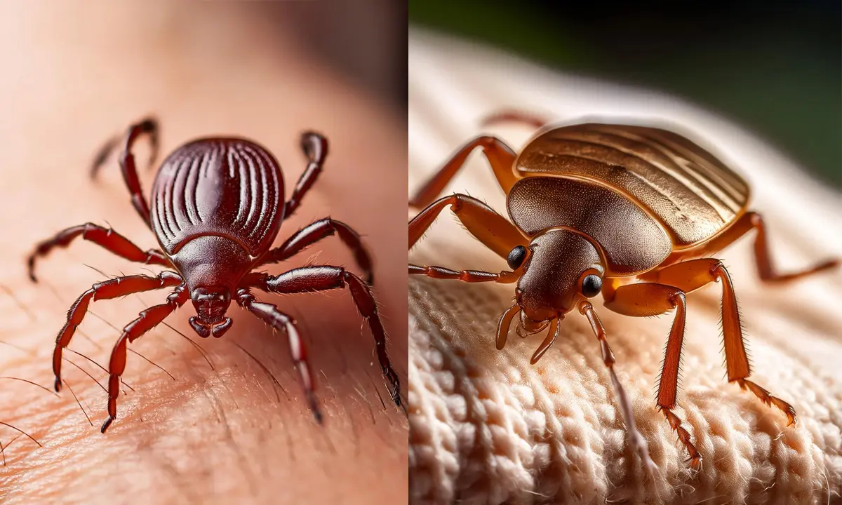 Close-up of tick and bedbug on human skin.