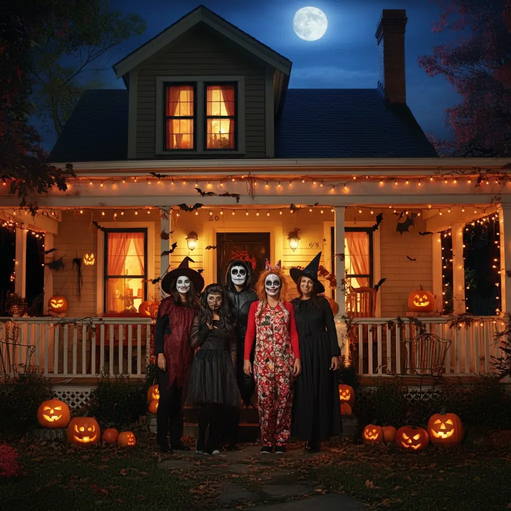 Halloween costumes with pumpkin decorations at night.