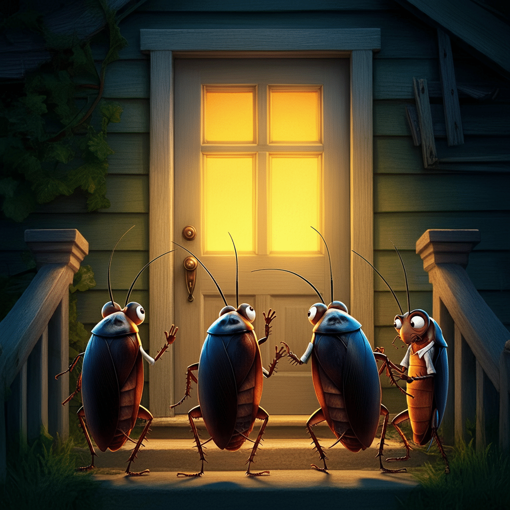 Cartoon cockroaches gather outside glowing house door.