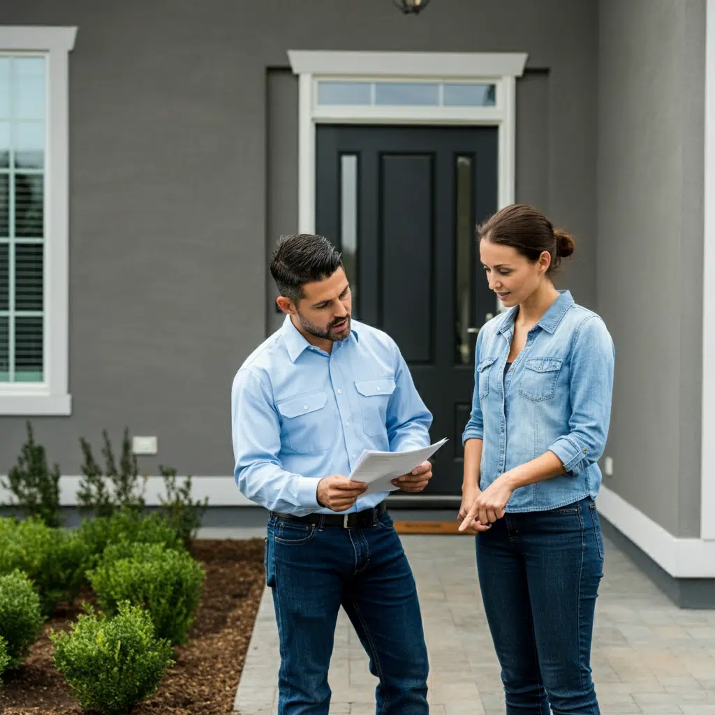 Couple discussing paperwork outside home