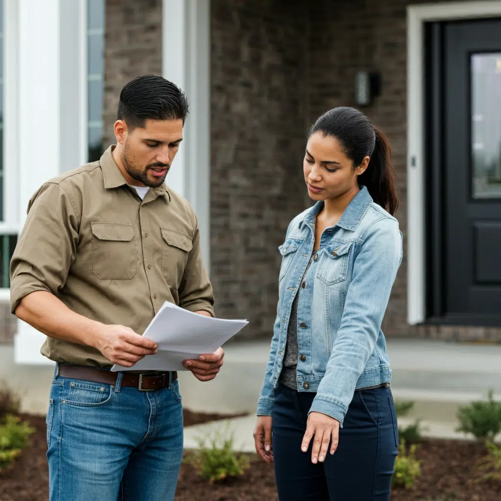 Homebuyers reviewing documents outside new house