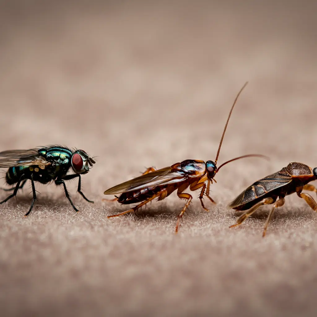 Close-up of housefly, wasp, and beetle on carpet.