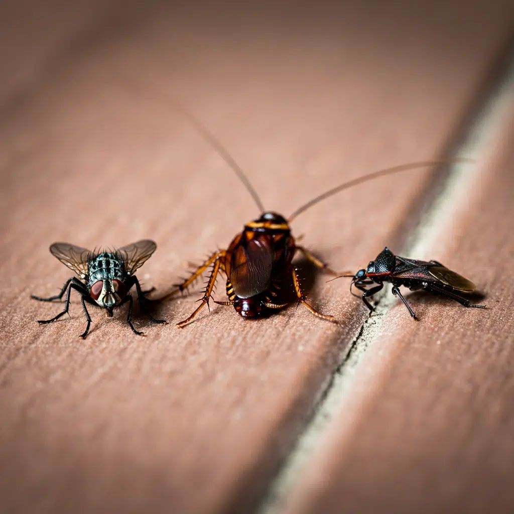 Close-up of fly, cockroach, and beetle on wood.