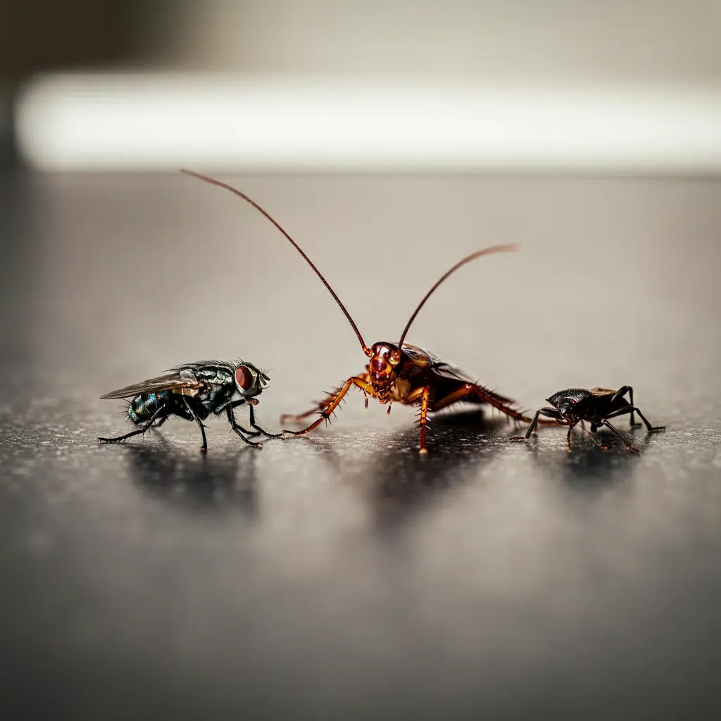 Close-up of a fly, cockroach, and beetle.