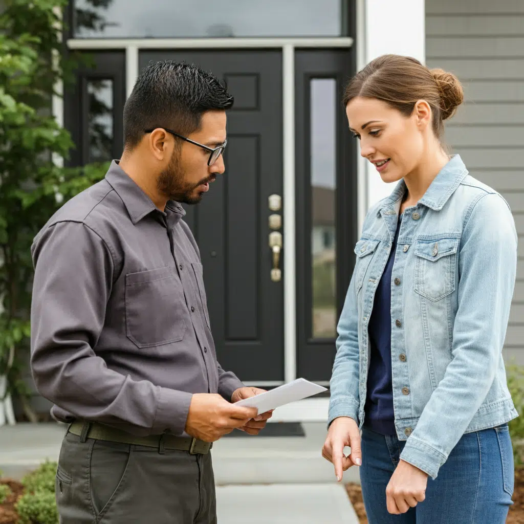 Two people discussing papers outdoors.