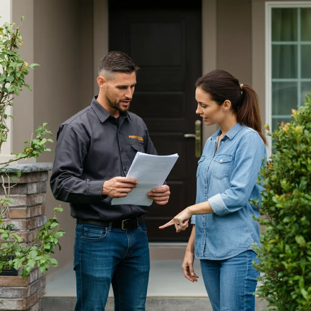 Man and woman discussing papers outside home