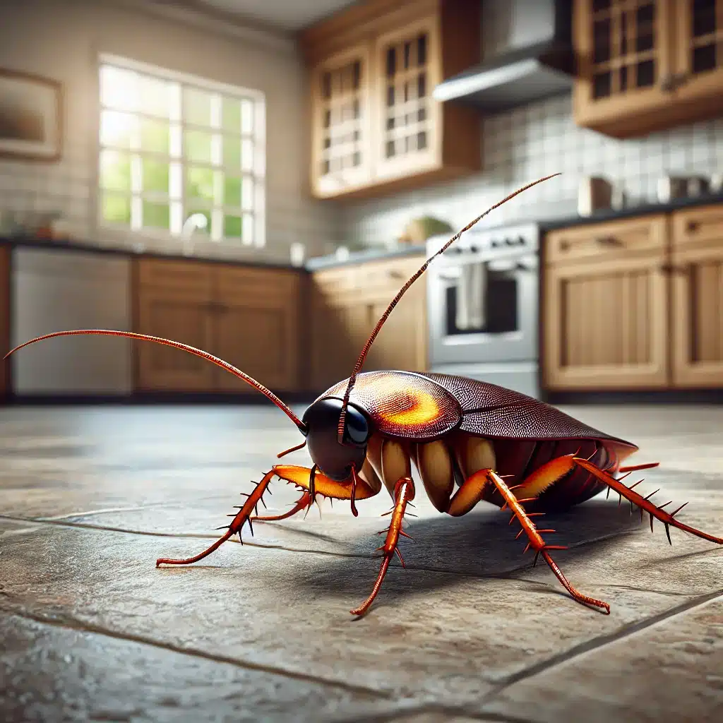 Cockroach on tiled kitchen floor.