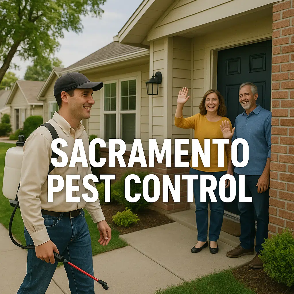 Smiling Sacramento couple waves goodbye to a pest control technician after a successful home visit in a suburban neighborhood, with the words "Sacramento Pest Control" overlaid on the image.